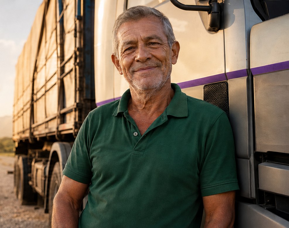 Caminhoneiro aposentado sorrindo, apoiado na cabine do seu caminhão